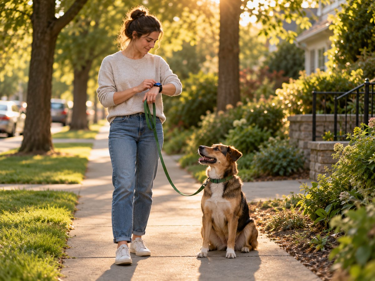 Owner tapping an Apple Watch while their dog sits calmly on a leash